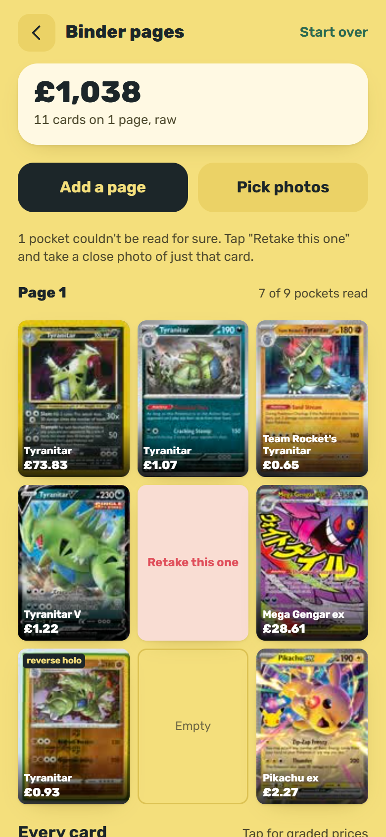 Binder page with prices